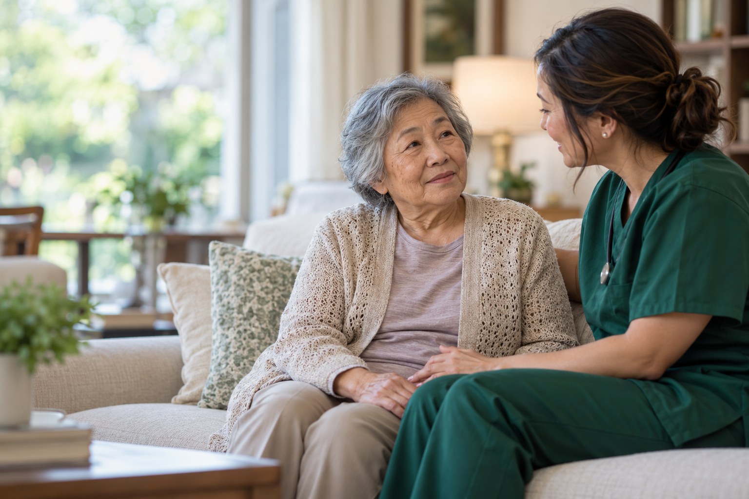 Illustrative image of a nurse talking with an older woman at home